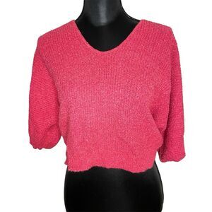David Brett Crop Top Vintage Short Sleeve Textured Knit Barbie Vtg Pink Large
